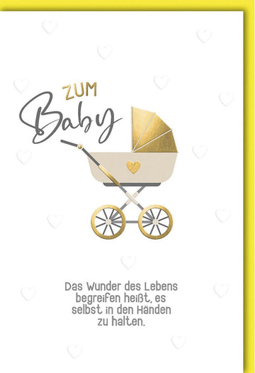 Geburt Glückwunschkarte - Elegante Doppelkarte für Neugeborenes mit Kinderwagen - Motiv, Goldene Akzente, Neutrale Farben Gelb & Weiß, Hochwertige Babykarte für Eltern & Großeltern, Modernes Design für Babyshower & Gratulation