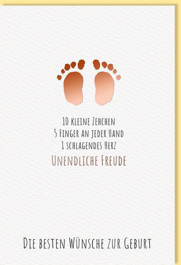 Geburt Glückwunschkarte für Neugeborene - Elegante Baby - Fußabdrücke Doppelkarte aus Naturkarton mit Roségold Metallicfolie, Schriftzug Gratulation an frischgebackene Eltern, Mutter & Vater in Beige