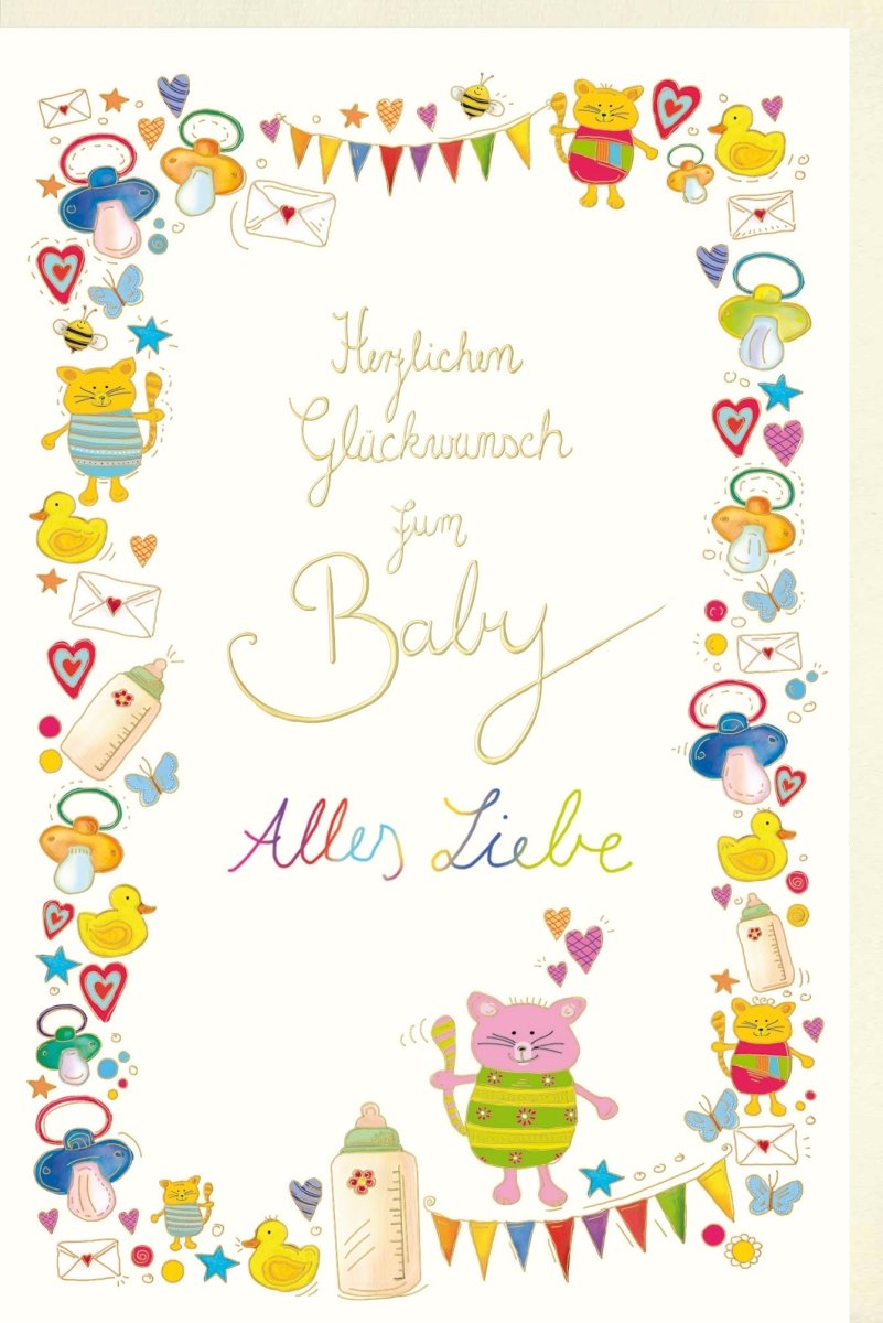 Geburt Glückwunschkarte - Hochwertige Doppelkarte zur Geburt eines Babys, Babykarte mit Storch & Babyfüßen Motiv, Herzchen & Schnuller Design, Ideal für Babyparty & Gratulation, Inklusive Teddybär & Entchen Illustrationen