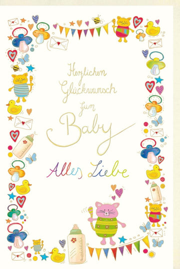Geburt Glückwunschkarte - Hochwertige Doppelkarte zur Geburt eines Babys, Babykarte mit Storch & Babyfüßen Motiv, Herzchen & Schnuller Design, Ideal für Babyparty & Gratulation, Inklusive Teddybär & Entchen Illustrationen