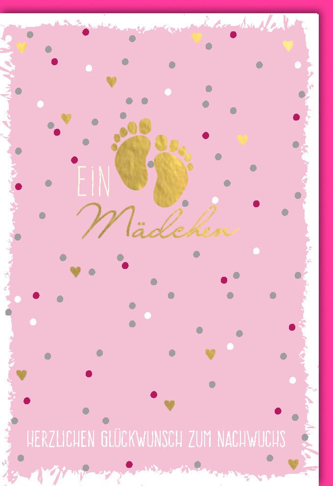 Geburt Mädchen Doppelkarte - Glückwunschkarte für Neugeborene, Babykarte mit Fußabdrücken, Rosa & Gold Herzen zur Babyparty