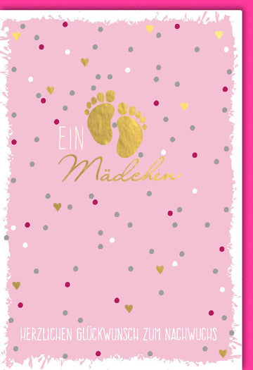 Geburt Mädchen Doppelkarte - Glückwunschkarte für Neugeborene, Babykarte mit Fußabdrücken, Rosa & Gold Herzen zur Babyparty