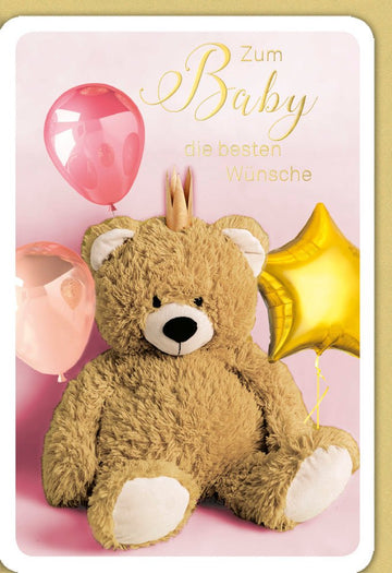 Geburt Mädchen Doppelkarte - Glückwunschkarte mit Teddybär & Ballons in Rosa/Gold für Neugeborene, Perfekt für Babyshower & Gratulation