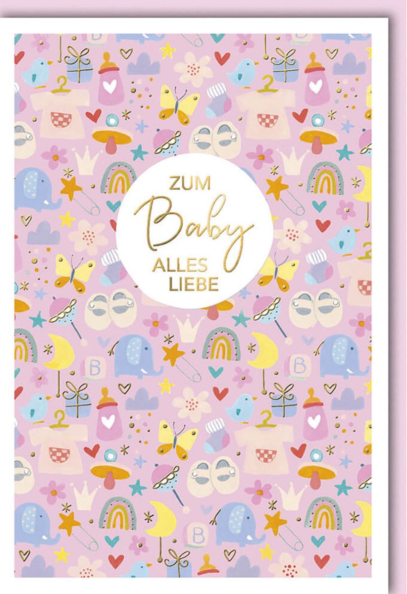 Geburt Mädchen Doppelkarte - Glückwunschkarte zur Geburt, Babykarte für Neugeborene, Gratulationskarte Babyparty & Babyshower, Rosa mit Herzchen, Sternen, Schmetterlingen, Kronen & Schnuller - Motiv
