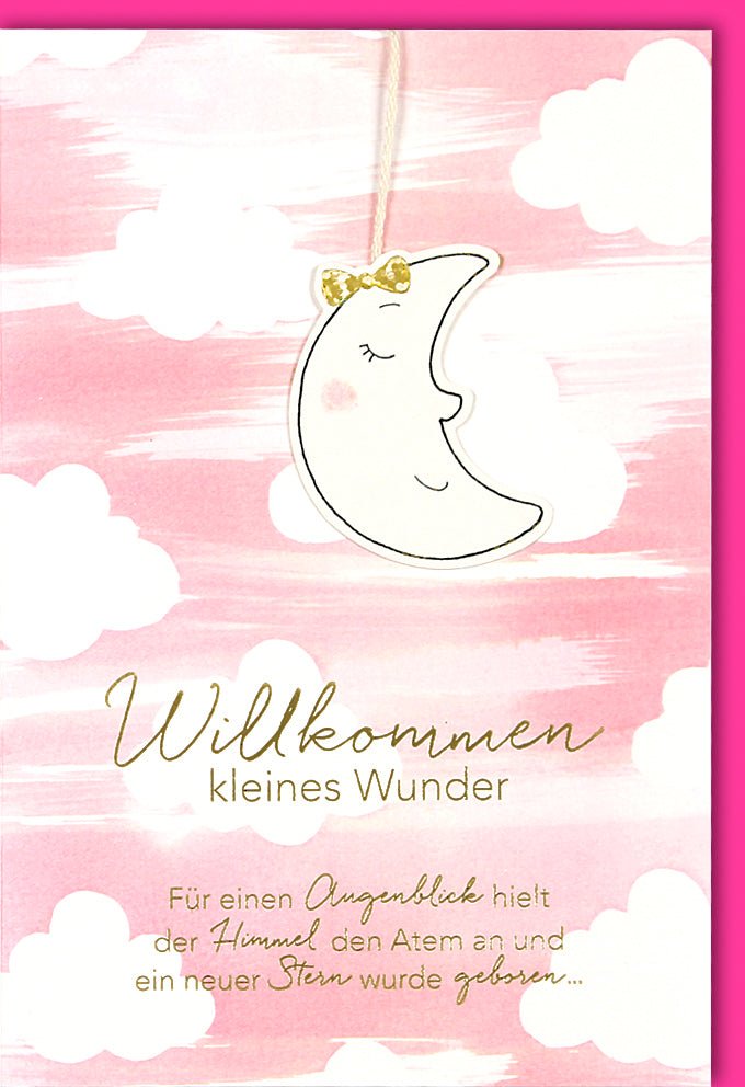 Geburt Mädchen Doppelkarte - Glückwunschkarten "Willkommen kleines Wunder" mit Glitzer, Schleife & Rosa Wolken Design für Neugeborene, Babyshower Gratulation
