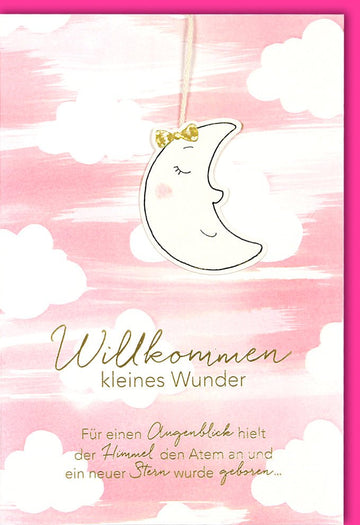 Geburt Mädchen Doppelkarte - Glückwunschkarten "Willkommen kleines Wunder" mit Glitzer, Schleife & Rosa Wolken Design für Neugeborene, Babyshower Gratulation