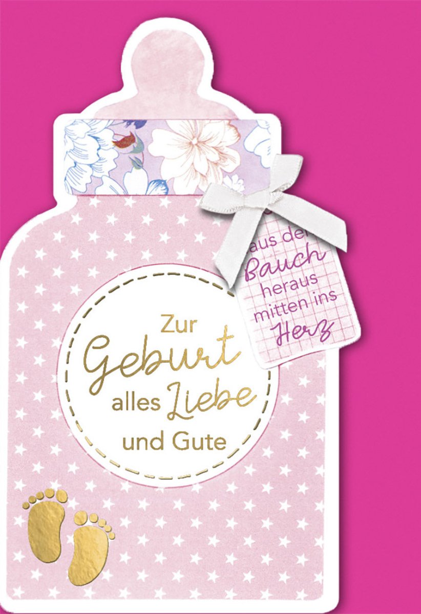 Geburt Mädchen Doppelkarte - Herzlichen Glückwunsch zur Neugeborenen, Babykarte mit Babyfüßen & Blumenmuster in Rosa, Babyparty Gratulationskarte inklusive Babyflasche Motiv, Hochwertige Geburtskarte