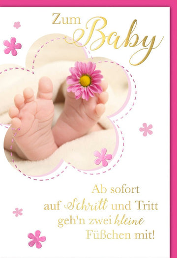 Geburt Mädchen Doppelkarte - Zarte Babyfüße & Blumen Design in Herzform, Rosa Schriftzug Geburtskarte, Glückwunschkarte zur Gratulation für Neugeborene, Weiche Blüte & Füßchen Motiv Babykarte