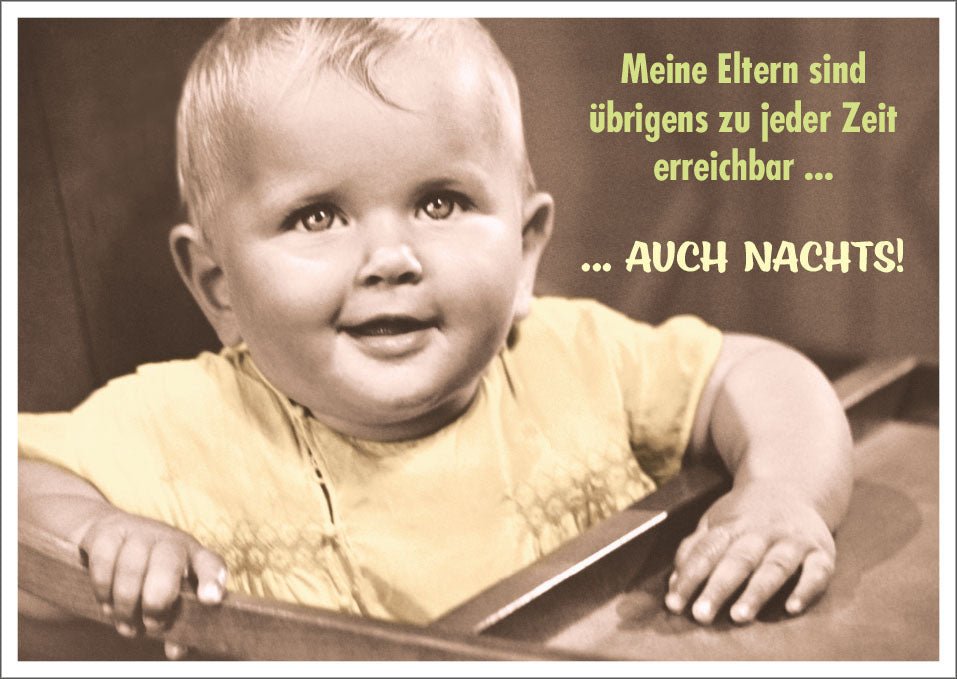 Geburt Postkarte - Witziger Baby - Spruch für frischgebackene Eltern, Humorvoll & Vintage Sepia Design, Unruhige Nächte Motiv
