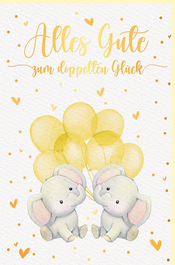 Geburt Zwillinge Glückwunschkarte - Doppelkarte für doppeltes Glück, Elefanten & Ballons Design in Gelb, Ideal für Eltern & Großeltern, Neugeborene Twins Babykarte mit herzlichen Gratulationen