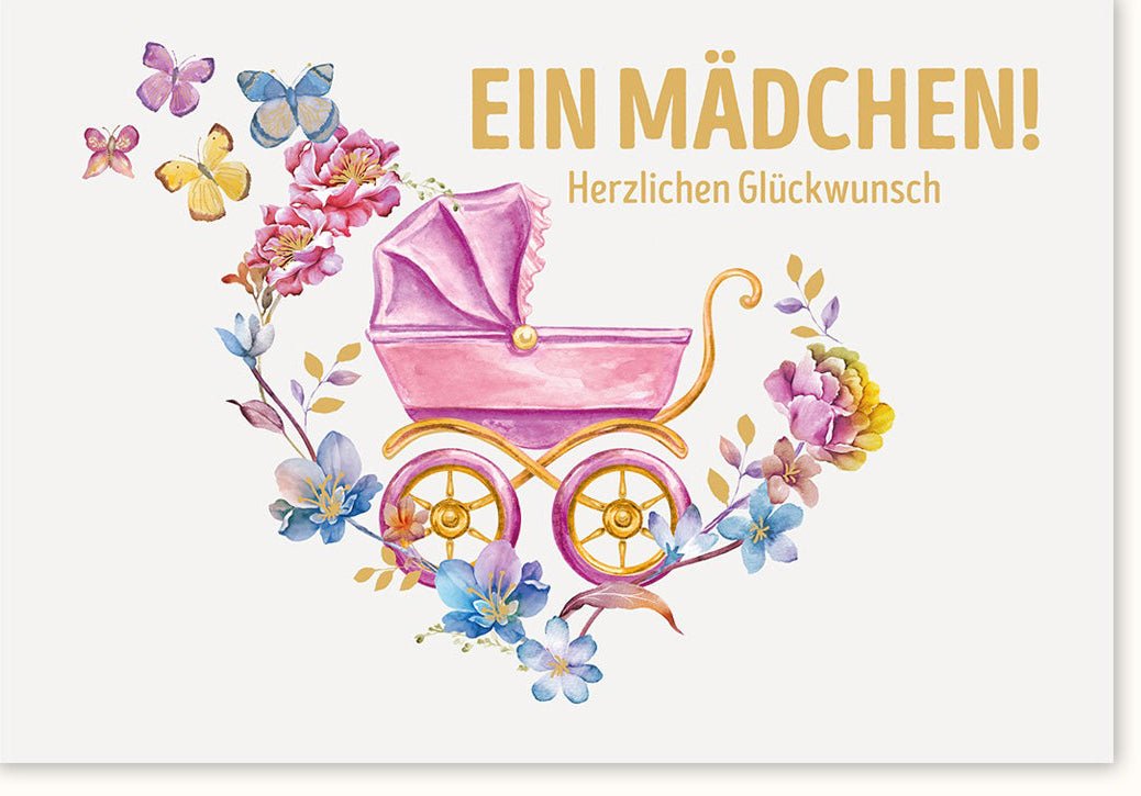 Geburtskarte für Mädchen: Glückwunschkarte mit Kinderwagen & Blumen, Aquarell - Design in Rosa, Babykarte zur Gratulation