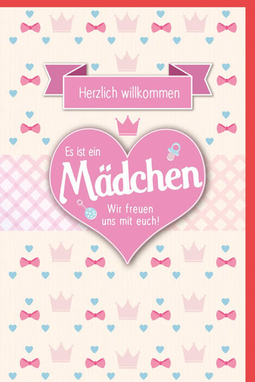 Geburtskarte für Mädchen - Herzlich Willkommen Babykarte, Rosa Krönchen, Liebe & Glückwunsch zur Neugeborenen