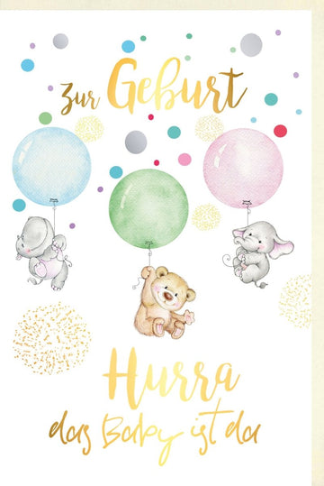 Geburtskarte für Neugeborene - Glückwunschkarte Babyshower mit Elefant & Bär, Babykarte mit Konfetti & Luftballons, Gratulationskarte zur Babyparty