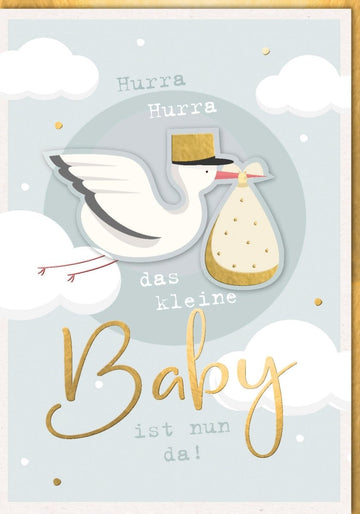 Geburtskarte Maxi A4 XXL - Glückwunschkarte zur Geburt mit Storch & Sack Motiv, Babyankunft Große Babygrußkarte, Stilvolle Geburtskarte für Neugeborene, Babykarte Storch mit Sack Design