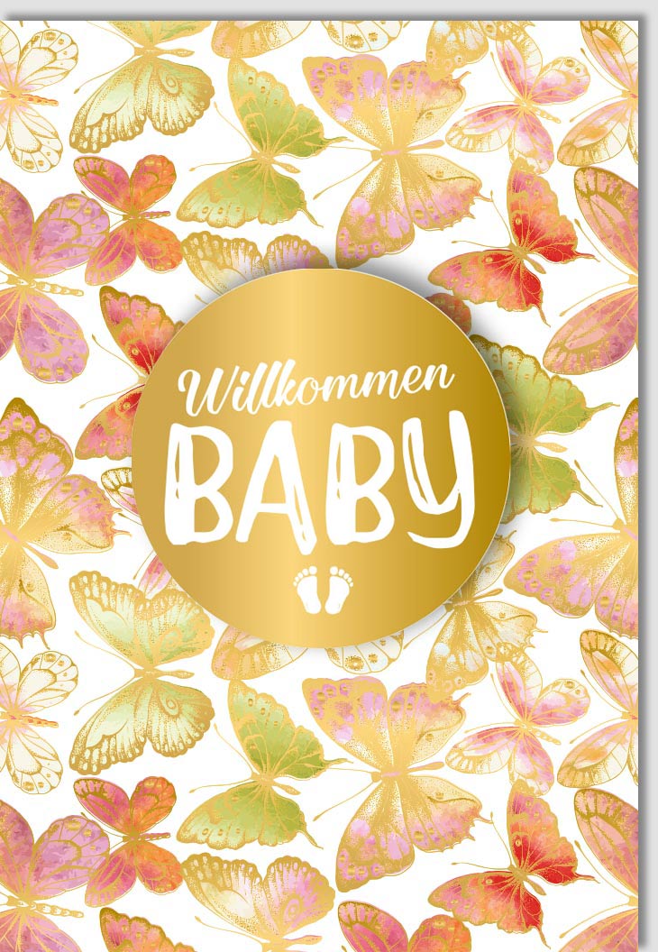 Geburtskarte zur Gratulation: Glückwunsch Baby Doppelkarte mit Schmetterlingen und Gold - Applikation, Bunte Pastellfalten - Design, Hochwertige Papeterie für Neugeborenes, Festliche Willkommens - Geburtskarte