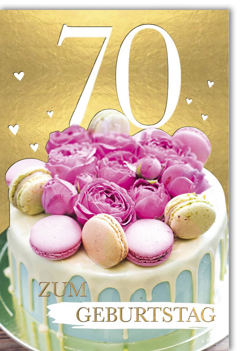 Geburtskarten Glückwunschkarten zur Geburt Doppelkarte mit goldener 70 Torte mit rosa Blumen und Macarons Herzen auf goldenem Hintergrund zum Geburtstag mit Umschlag