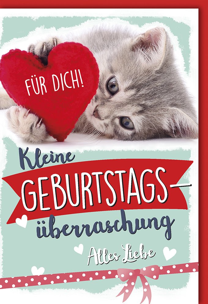 Geburtskarten Glückwunschkarten zur Geburt Doppelkarte mit niedlichem Katzenmotiv rotem Herz und Schriftzug Für Dich Kleine Geburtstagsüberraschung Alles Liebe mit Umschlag