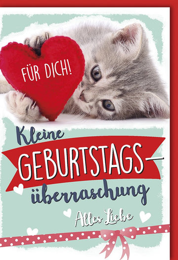 Geburtskarten Glückwunschkarten zur Geburt Doppelkarte mit niedlichem Katzenmotiv rotem Herz und Schriftzug Für Dich Kleine Geburtstagsüberraschung Alles Liebe mit Umschlag