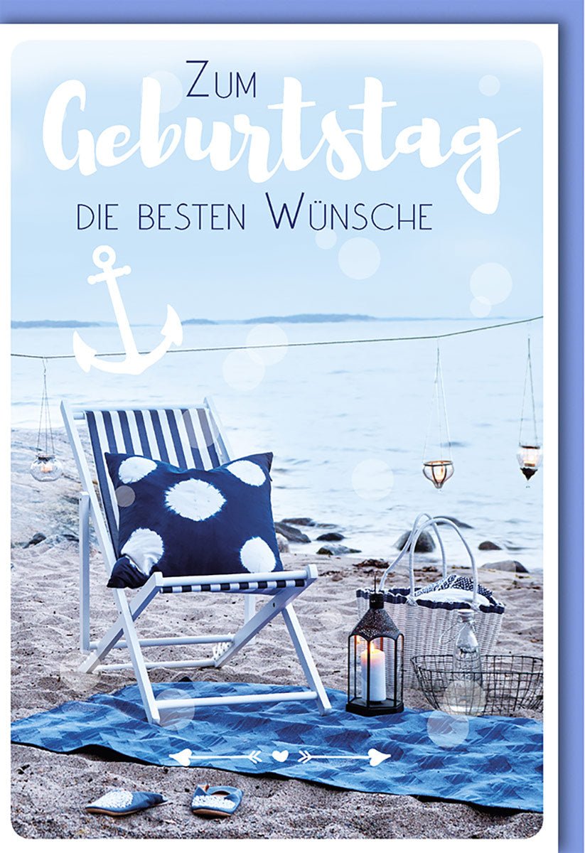 Geburtskarten Glückwunschkarten zur Geburt Klappkarte mit Strandmotiv Anker Liegestuhl Laterne und Kerzen im Hintergrund mit Umschlag