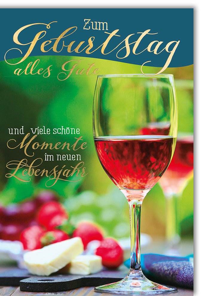 Geburtstag Doppelkarte - Glückwunsch & Toast mit Weinmotiv, Rotwein & Beeren Design, Sommer Garten Feier, Cheers Celebration