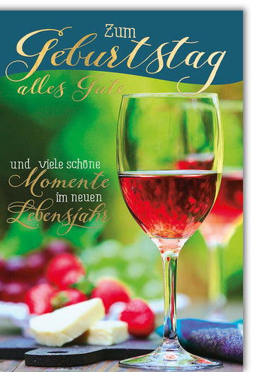 Geburtstag Doppelkarte - Glückwunsch & Toast mit Weinmotiv, Rotwein & Beeren Design, Sommer Garten Feier, Cheers Celebration