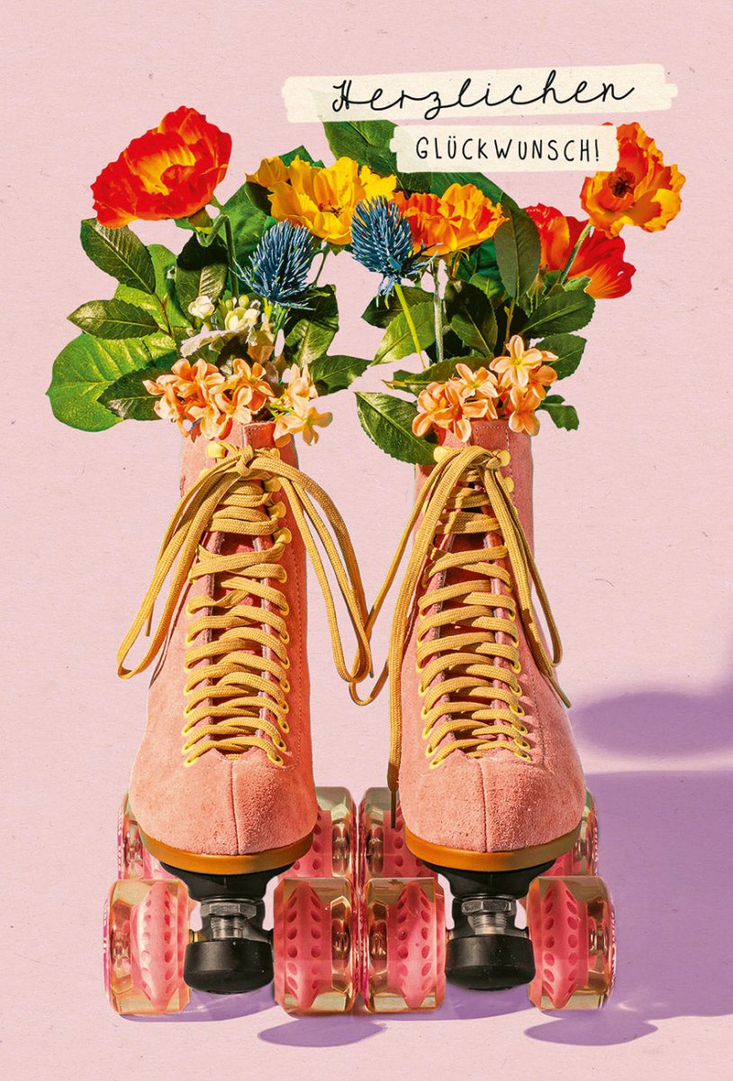 Geburtstag Postkarte mit Blumen & Rollschuhe - Retro Vintage Design auf Zuckerrohrpapier, Farbenfrohe Glückwunsch Karte zur Feier