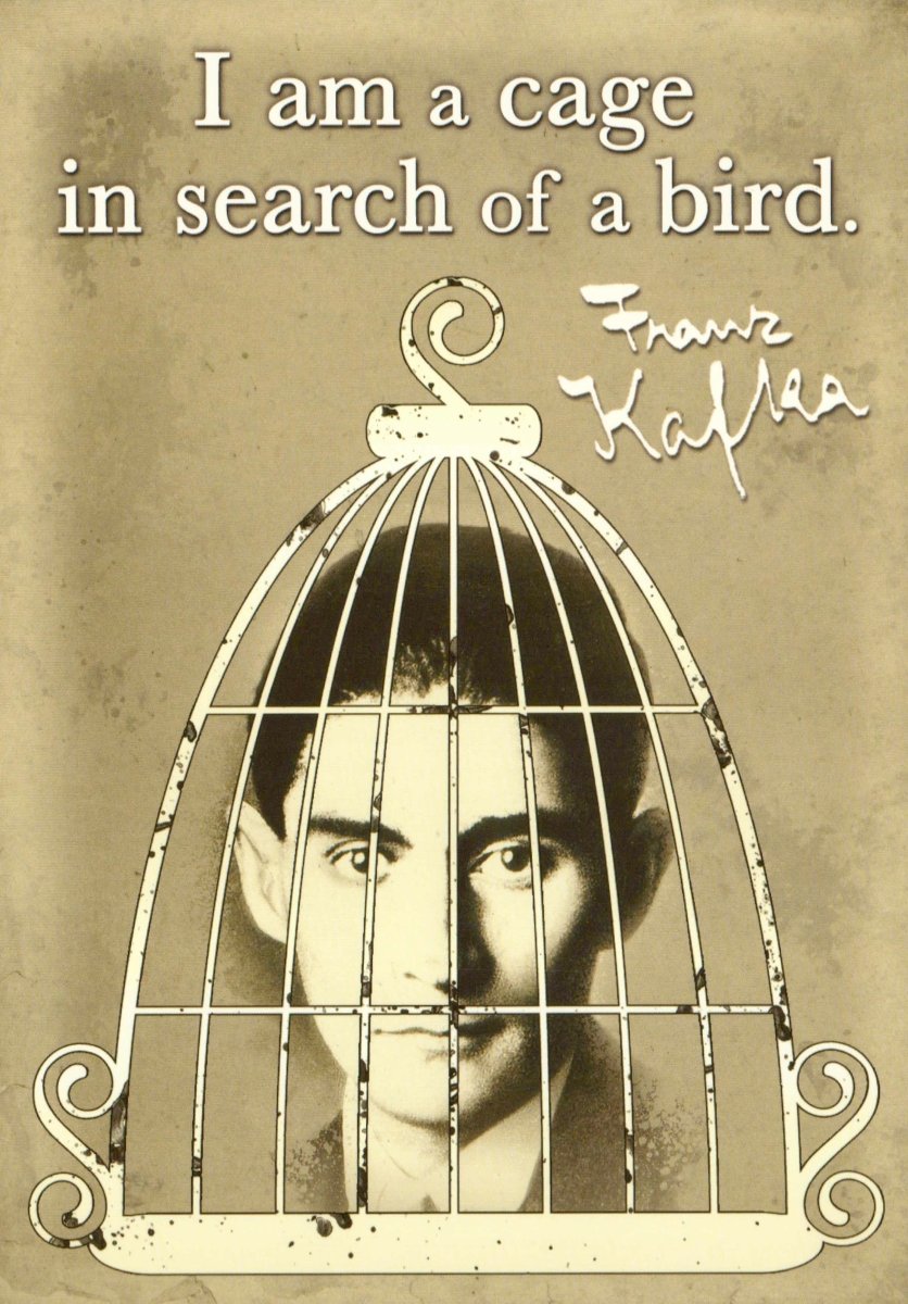 Geburtstag Postkarte mit Franz Kafka Zitat - Vintage Vogelkäfig Design, Inspirierende Englische Sprüche, Literatur Dekor in Braun Retro Look