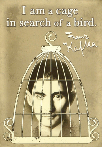 Geburtstag Postkarte mit Franz Kafka Zitat - Vintage Vogelkäfig Design, Inspirierende Englische Sprüche, Literatur Dekor in Braun Retro Look