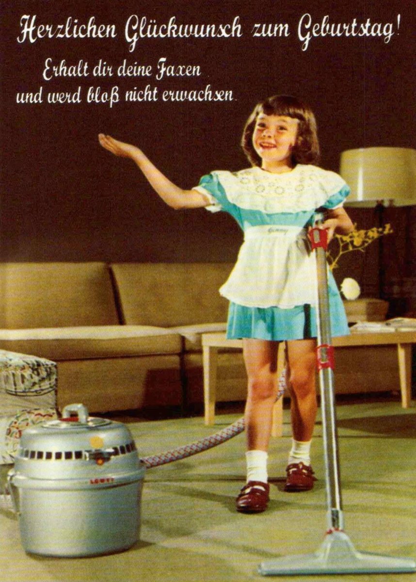 Geburtstag Postkarte - Retro Mädchen mit Staubsauger, Vintage Glückwunschkarte, Humorvolle Kinder