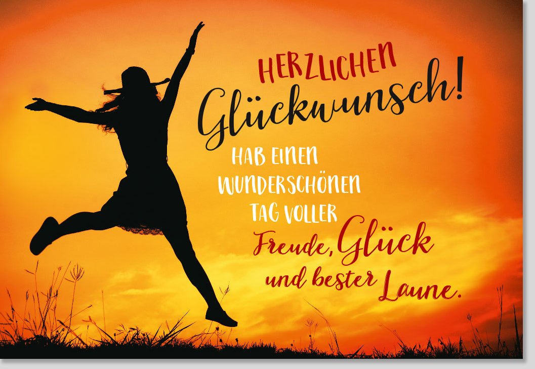 Geburtstags - & Allgemeine Glückwunschkarte - Luftsprung der Freude, Jubel & Glück, Orange Sonnenuntergang Silhouette, Inspirierende Karte für Familie & Freunde, Motivation & Optimismus, Perfektes Geschenk zur Gratulation & Ermutigung