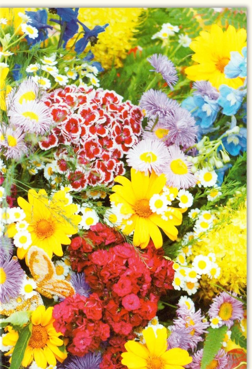 Geburtstags - & Alltags - Doppelkarte: Blumengrußkarte ohne Text, Blankokarte mit Natur - Blumenmuster in Gelb & Rot - Vielseitige Grußkarte für Jeden Anlass, Sommerliche Blumenwiese, Floral Frühlingsdesign, Bunte Glückwunschkarte mit Blumendekor, 1 Stück