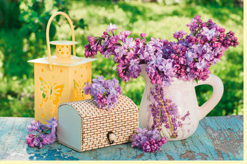 Geburtstags - & Dankeskarten Doppelkarte – Fotogrußkarte mit Sommermotiv, Ländliche Idylle, Laterne & Fliederblüten in Lila und Gelb, Blankokarte für Erwachsene Frauen, Natur & Entspannung Design