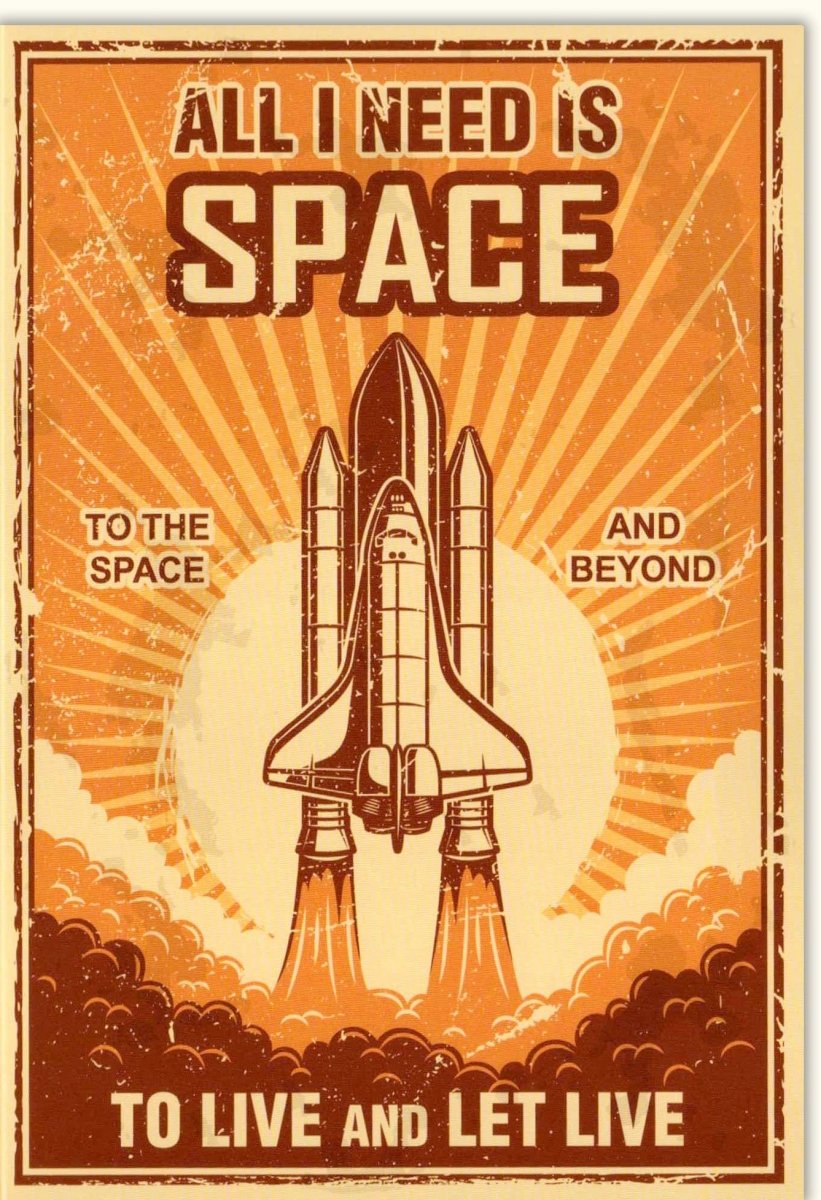 Geburtstags - Doppelkarte "All I Need is Space" - Retro Weltraum Rakete Design mit Spruch, Vintage Raumfahrt Sonnenaufgang Motiv, Humorvolle Grußkarte für Abenteuer & Freiheit, Geschenkidee Exploration