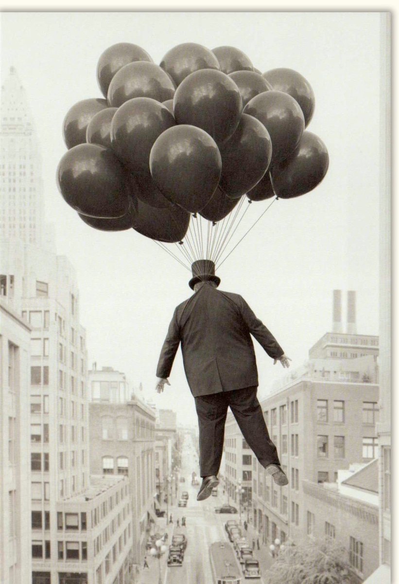 Geburtstags - Doppelkarte "Big Boss in New York" - Elegante Blankokarte mit Schwarz - Weiß - Fotografie, Mann & Luftballons, Stadtansicht, Monochromes Design, Moderne Einladung & Grußkarte für Jeden Anlass