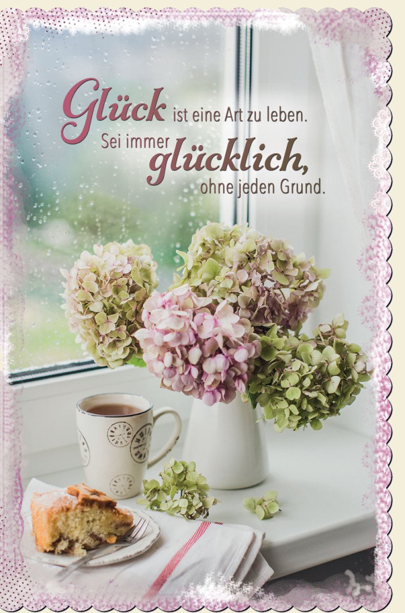 Geburtstags - Doppelkarte "Blumenfenster der Lebensfreude" - Glück & Gemütlichkeit mit Tasse, Kuchen & Hydrangea - Motiv - Grußkarte für Positives Wohlfühlambiente