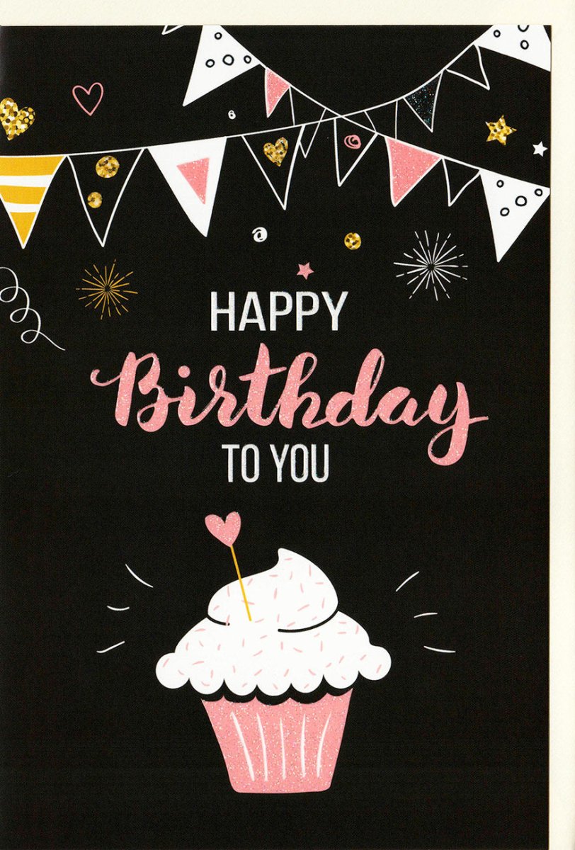 Geburtstags - Doppelkarte: Elegante Glückwunschkarte mit Cupcake, Girlanden & Herzchen - Schwarz, Pink & Gold Design mit Konfetti - Motiv und Modernem Schriftzug