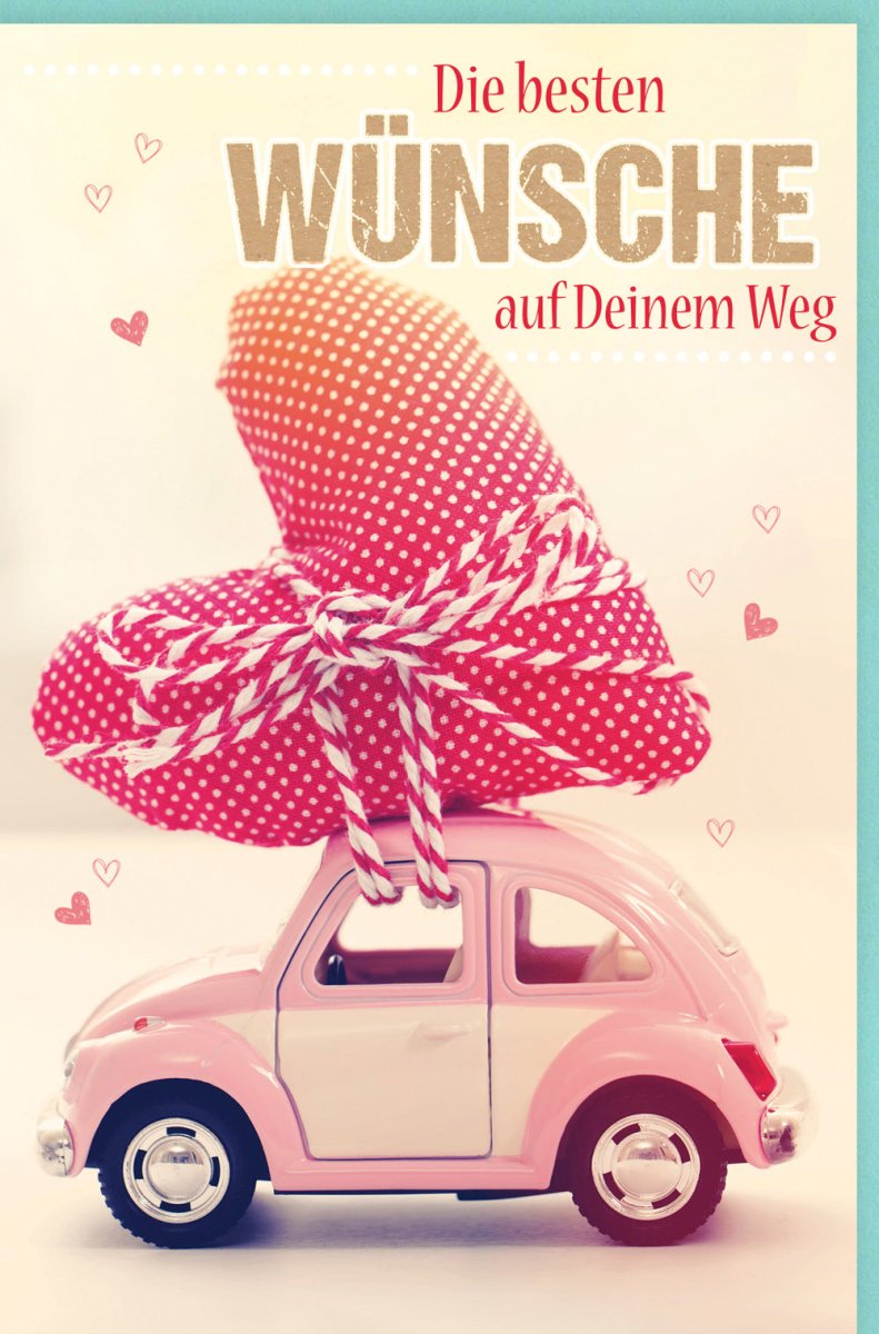Geburtstags - Doppelkarte "Fahrt ins Glück" - Retro Spielzeugauto mit Herzchen, Rot/Pink/Weiß, Liebevoller Wegbegleiter & Deko
