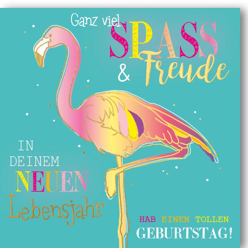 Geburtstags - Doppelkarte: Farbenfroher Flamingo, Stilvolle Glückwunschkarte für Jubiläum & Feier, Modernes Design mit Spaß & Freude Motiv