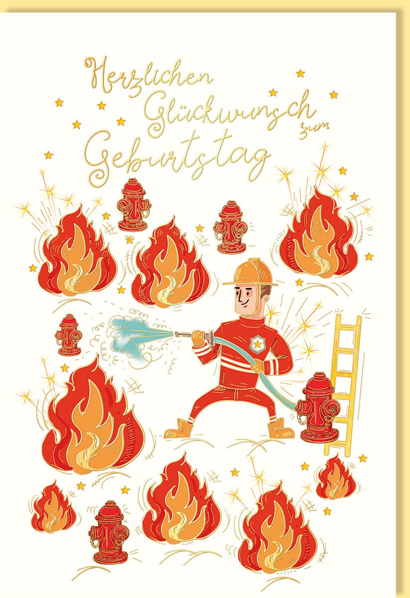 Geburtstags - Doppelkarte Feuerwehrmann - Motiv: Glückwunsch mit Funken & Flamme, Comic - Stil Illustration, Goldener Schriftzug, Rot - Gelb Design für Kinder & Erwachsene, Feuerwehr Begeisterung & Heldenmut