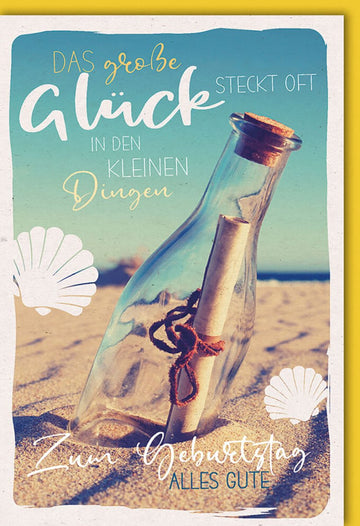 Geburtstags - Doppelkarte "Flaschenpost am Strand" - Vintage Meer, Muscheln & Sand Design, Retro Glückwunsch zur Feier