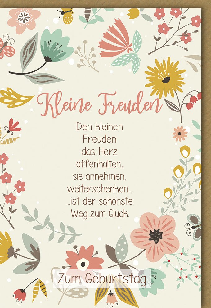 Geburtstags - Doppelkarte für Erwachsene Frauen: Liebevoller Spruch & Blumenmuster in Pastellfarben, "Kleine Freuden & Herz Offenhalten" - Weg zum Glück, Beige Hintergrund