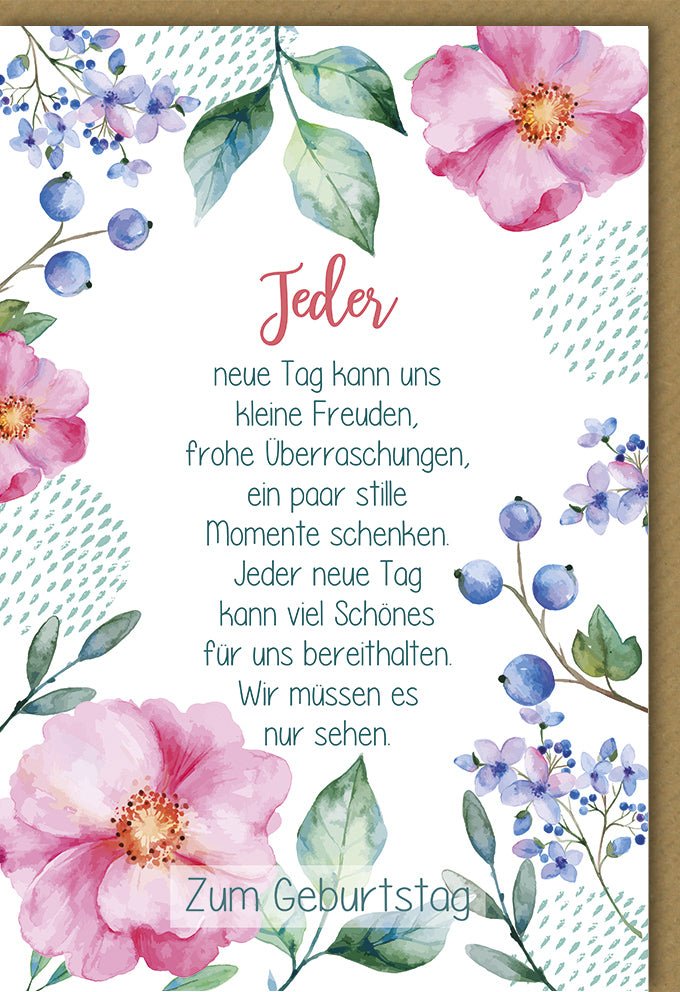 Geburtstags - Doppelkarte für Erwachsene Frauen: Liebevoller Spruch & Blumenmuster in Pastellfarben, "Kleine Freuden & Herz Offenhalten" - Weg zum Glück, Beige Hintergrund