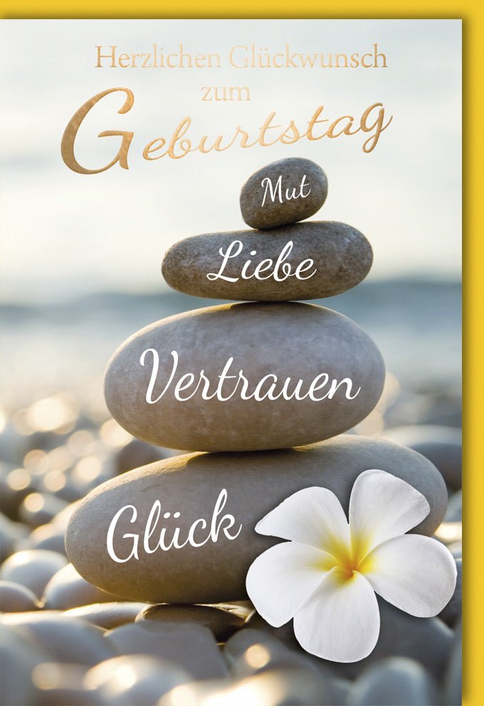 Geburtstags - Doppelkarte für Erwachsene & Senioren: Glückwunschkarte mit Steinmotiv - Symbole für Mut, Liebe, Vertrauen & Glück - Natur Meer Strand Design in Beige & Braun für Familie und Freunde