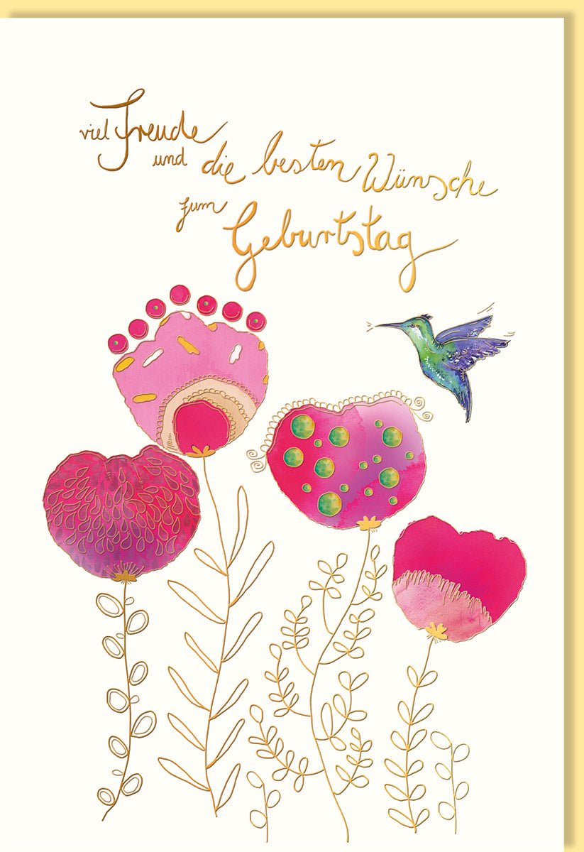 Geburtstags - Doppelkarte für Frauen: Elegante Glückwunschkarte mit Blumen und Kolibri, Metallicfolie & Blindprägung auf Naturkarton, Pinke Blüten & Kupferakzente in Pink - Perfekt für Sie