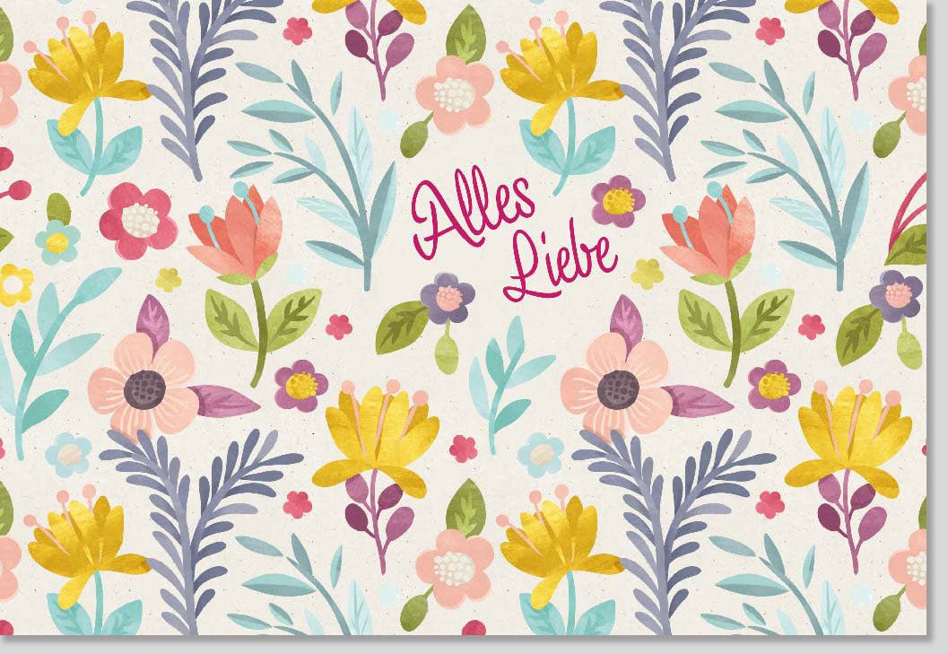 Geburtstags - Doppelkarte für Frauen und Mädchen, Liebevolle Blumenillustration, "Alles Liebe" Grußkarte mit Buntem Floral Muster in Pastellfarben, Niedliches Geschenk in Rosa - Feier & Freundschaft