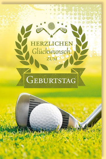 Geburtstags - Doppelkarte für Golfer: Elegante Glückwunschkarte mit Golfschläger, Ball & Lorbeerkranz in Grün