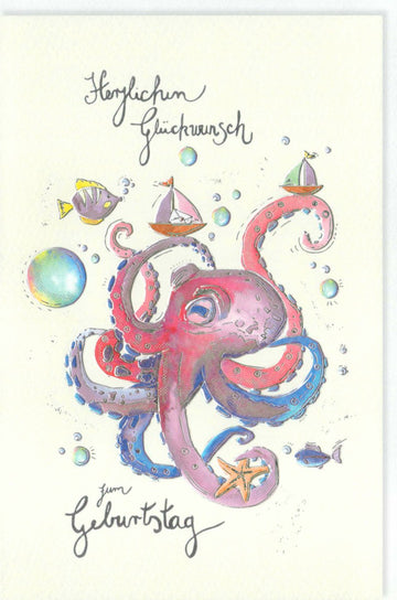 Geburtstags - Doppelkarte für Kinder: Bunte Meerestier - Illustration mit Tintenfisch, Segelschiffen & Seesternen