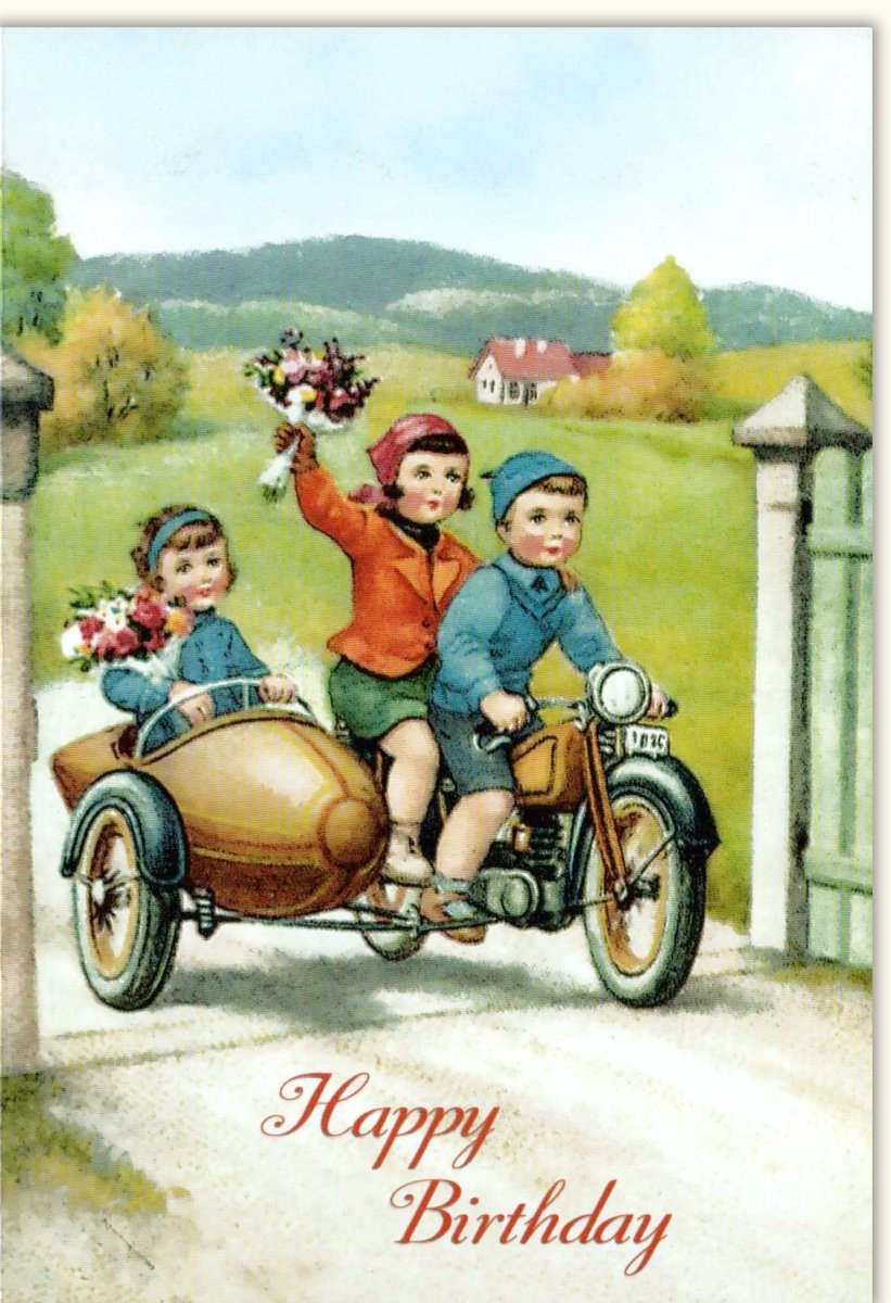 Geburtstags - Doppelkarte für Kinder: Nostalgisches Motorrad, Landschaft mit roter Jacke & Blumen, Retro Happy Birthday Karte inkl. Umschlag