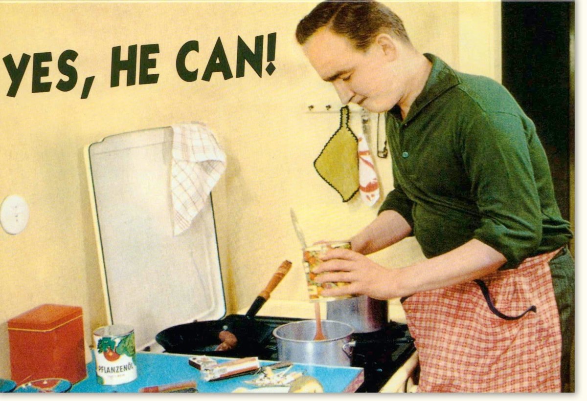 Geburtstags - Doppelkarte für Männer - "Yes He Can" Motivations - Grußkarte mit Witzigem Spruch, Retro Humor, Vintage Koch - Thema - Originelle Geschenkkarte mit Lustiger Grußbotschaft für Küchenchefs