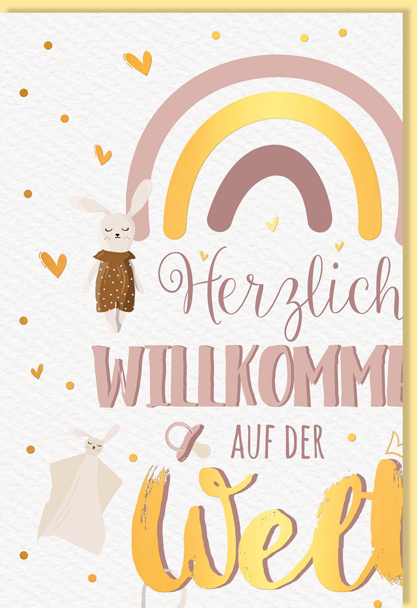 Geburtstags - Doppelkarte für Neugeborene: Herzlich Willkommen, Baby! Mit Babyschuhen, Babyflasche & Schnuller Motiven, Häschen - Design auf Naturkarton mit Goldfolie, Ideal für frischgebackene Eltern in Pastellfarben